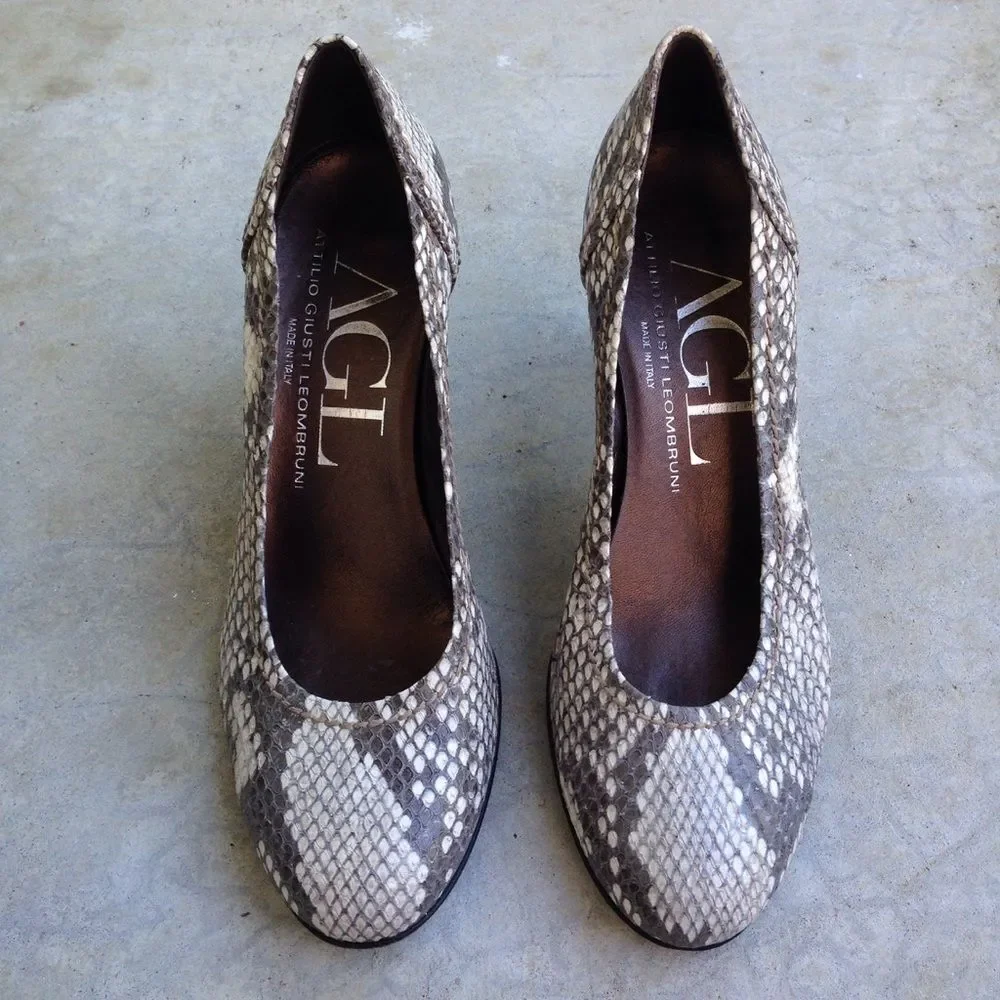 AGL Attilio Giusti Leombruni Snake Print Leather Pumps Block Heel EU 36.5 US 6